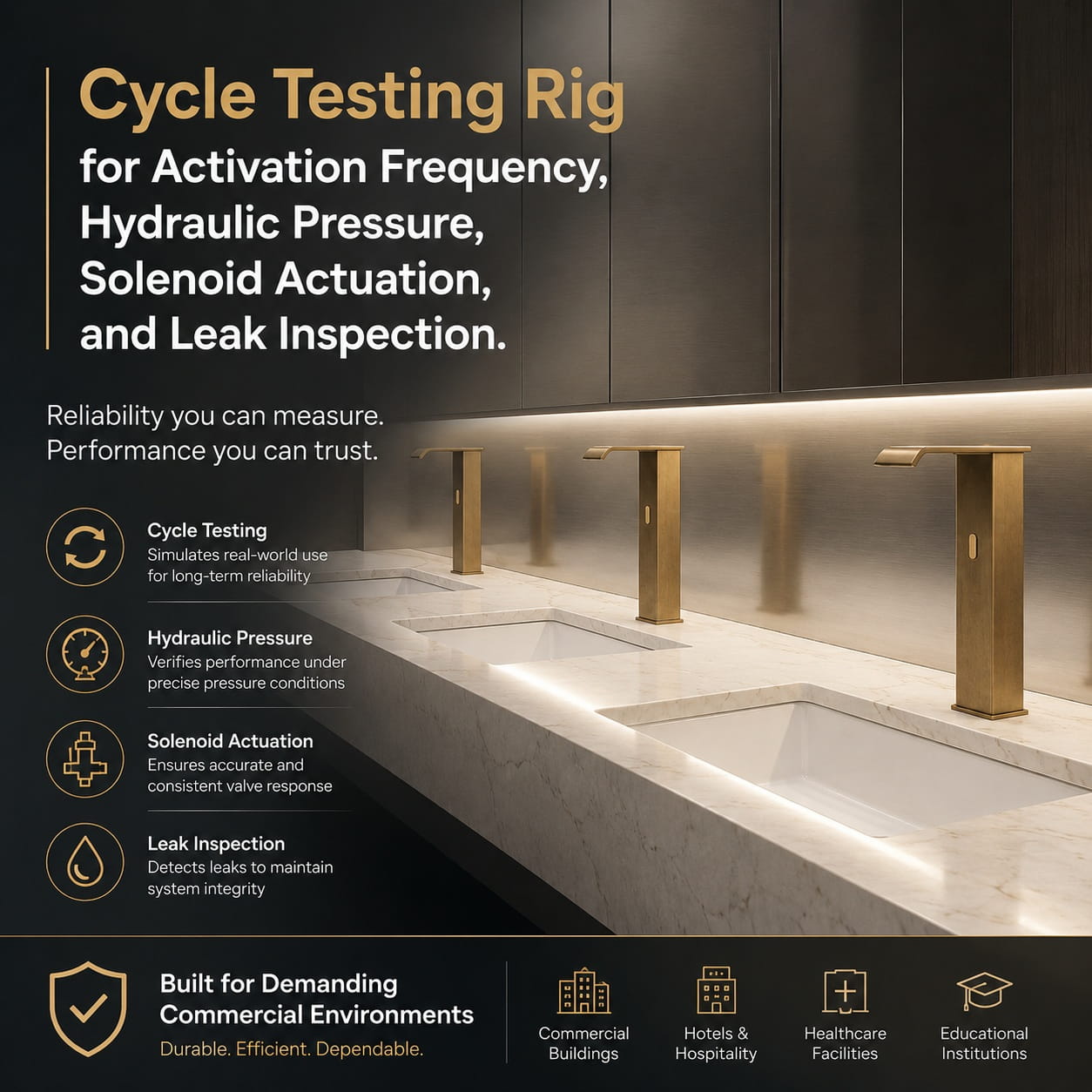 Technical laboratory cycle test rig for commercial touchless faucet showing pressure gauge, timed actuation control, solenoid valve, and leak detection tray